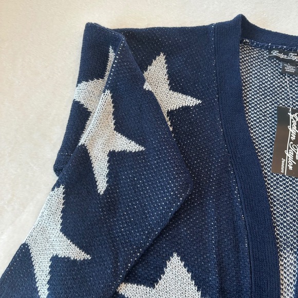 Evelyn Taylor Star Print Cardigan Sweater Knit Open Front Blue Large NWT - Picture 9 of 11
